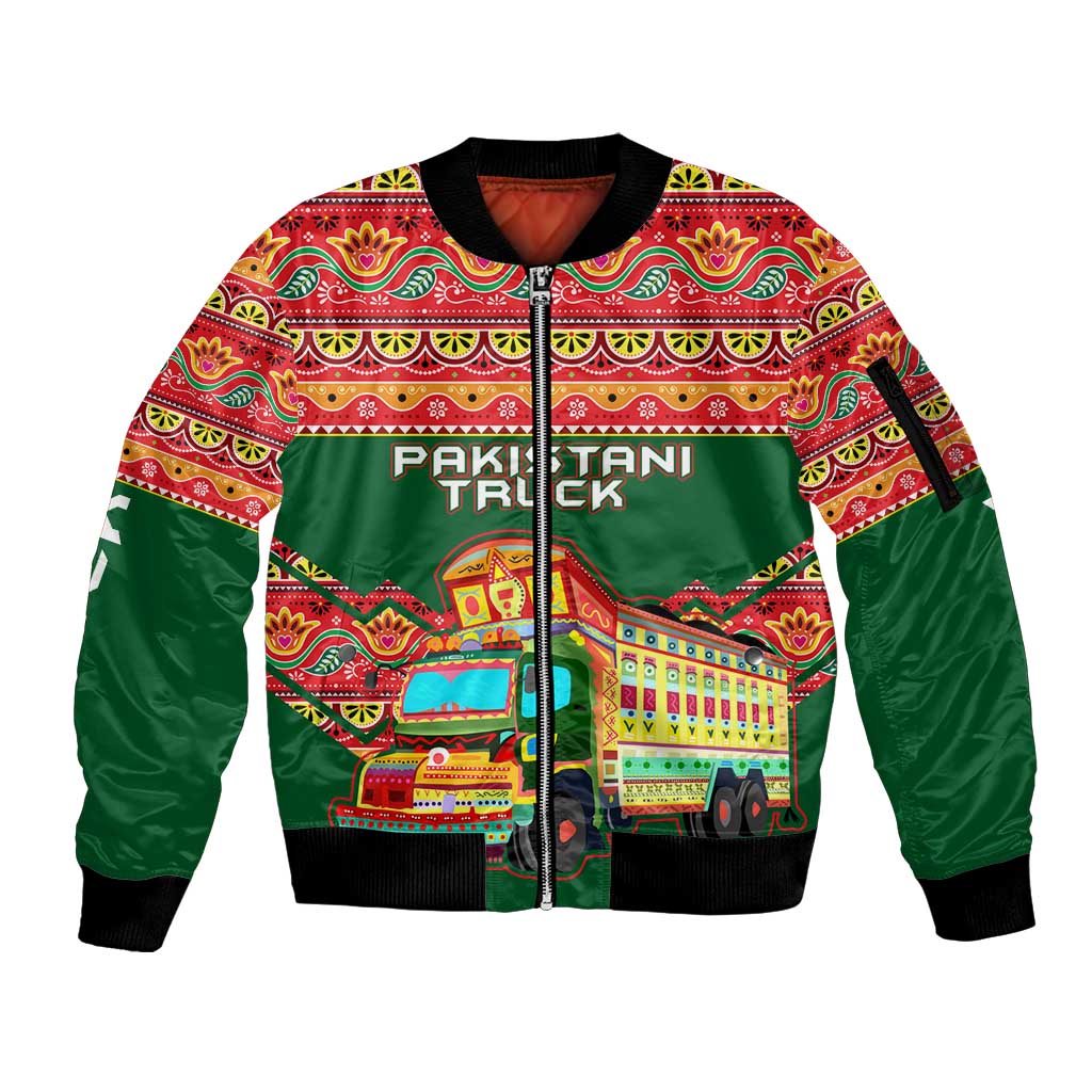 Pakistan Truck Art Sleeve Zip Bomber Jacket National Emblem & Traditional Patterns