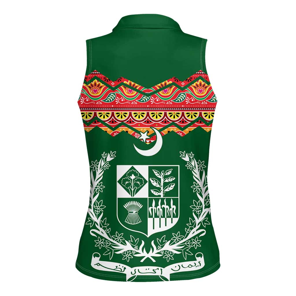 Pakistan Truck Art Women Sleeveless Polo Shirt National Emblem & Traditional Patterns