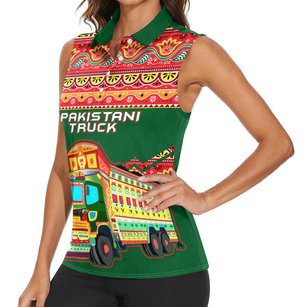 Pakistan Truck Art Women Sleeveless Polo Shirt National Emblem & Traditional Patterns