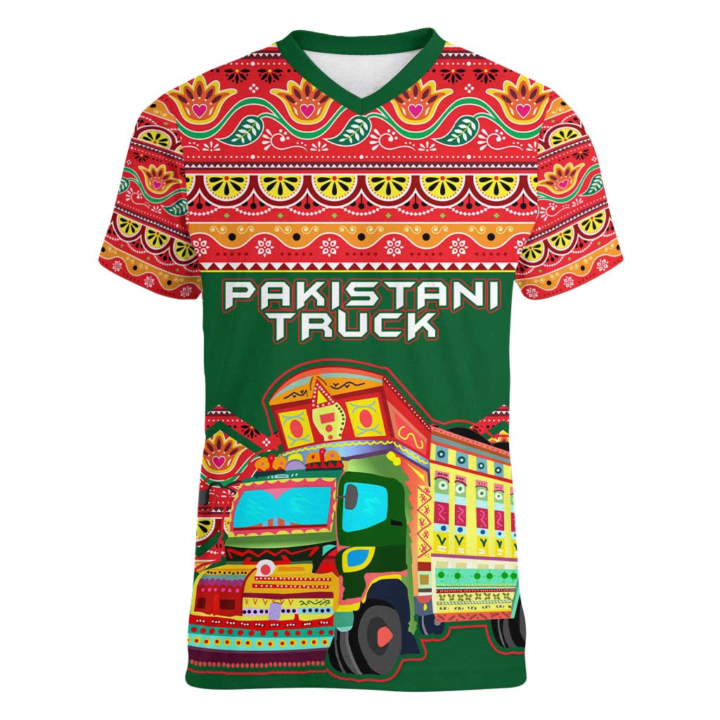 Pakistan Truck Art Women V-Neck T-Shirt National Emblem & Traditional Patterns