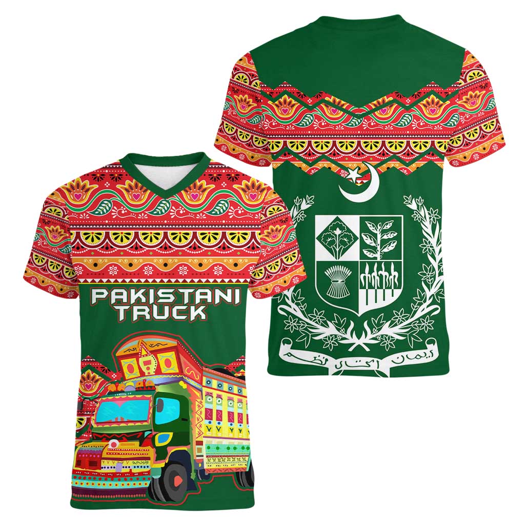 Pakistan Truck Art Women V-Neck T-Shirt National Emblem & Traditional Patterns