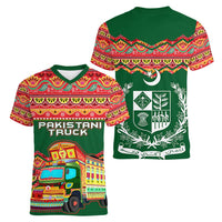 Pakistan Truck Art Women V-Neck T-Shirt National Emblem & Traditional Patterns