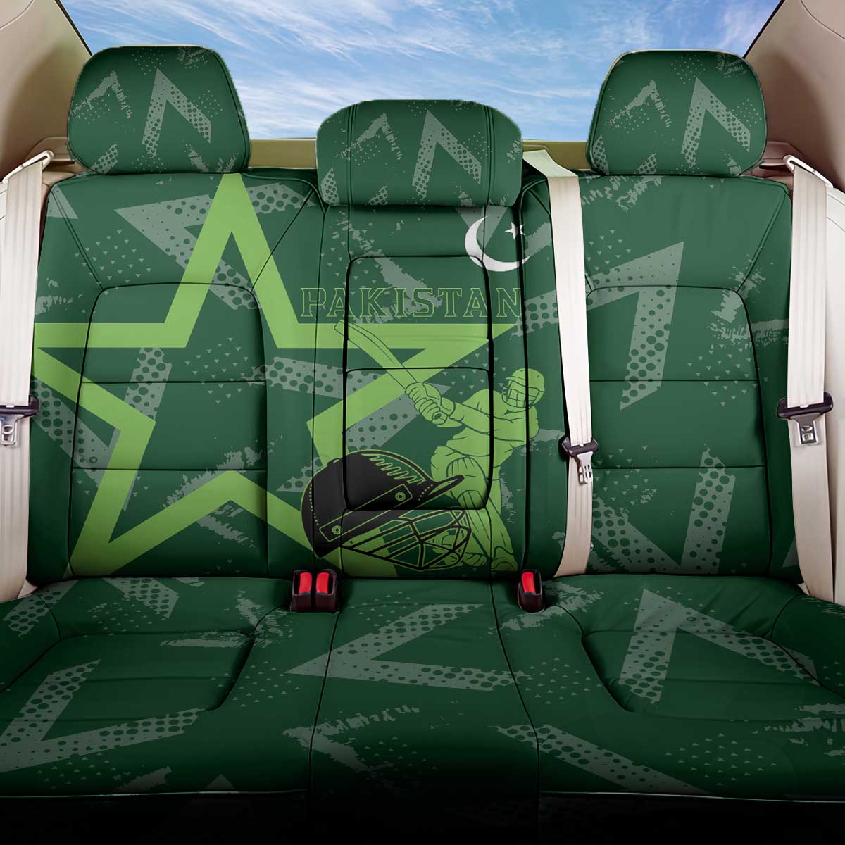 Pakistan Cricket Back Car Seat Cover Sporty Style with Flag Stars & Player Illustration
