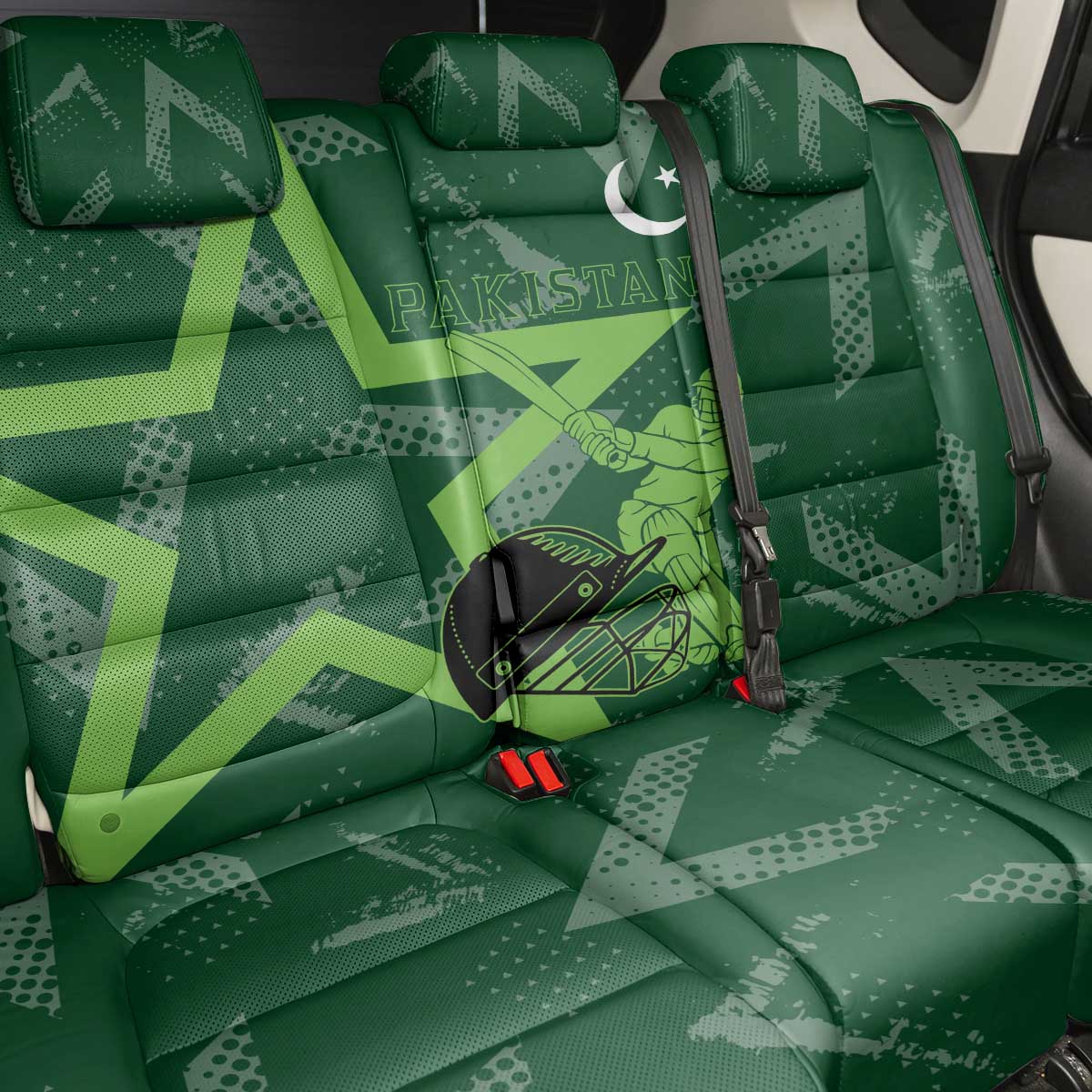 Pakistan Cricket Back Car Seat Cover Sporty Style with Flag Stars & Player Illustration