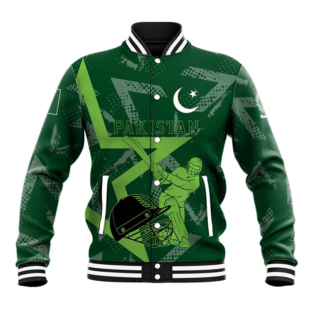 Pakistan Cricket Baseball Jacket Sporty Style with Flag Stars & Player Illustration