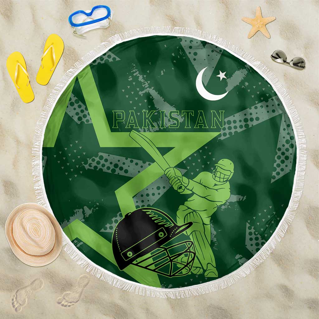 Pakistan Cricket Beach Blanket Sporty Style with Flag Stars & Player Illustration