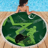 Pakistan Cricket Beach Blanket Sporty Style with Flag Stars & Player Illustration