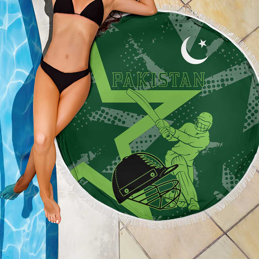 Pakistan Cricket Beach Blanket Sporty Style with Flag Stars & Player Illustration