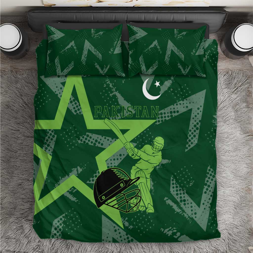 Pakistan Cricket Bedding Set Sporty Style with Flag Stars & Player Illustration