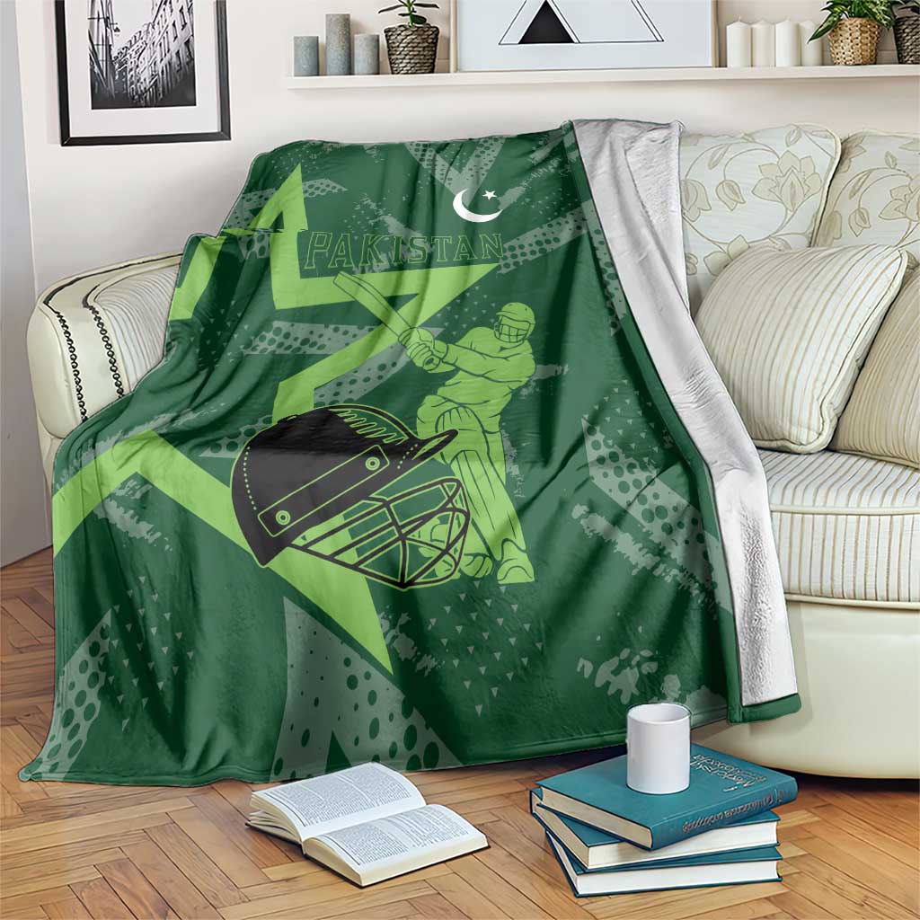 Pakistan Cricket Blanket Sporty Style with Flag Stars & Player Illustration