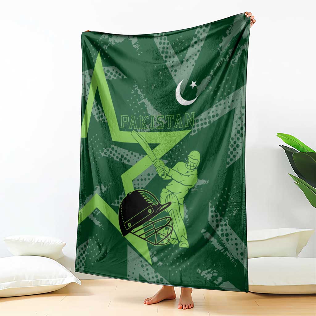 Pakistan Cricket Blanket Sporty Style with Flag Stars & Player Illustration
