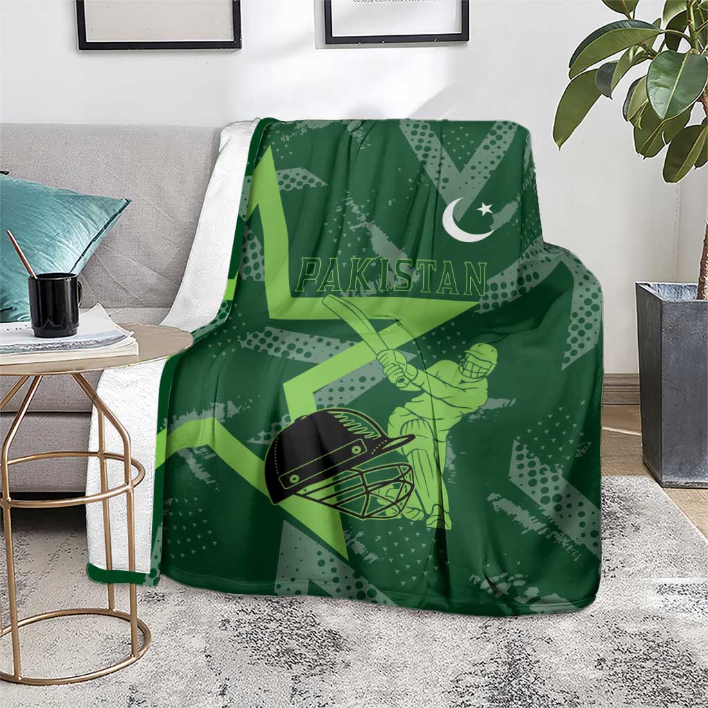 Pakistan Cricket Blanket Sporty Style with Flag Stars & Player Illustration