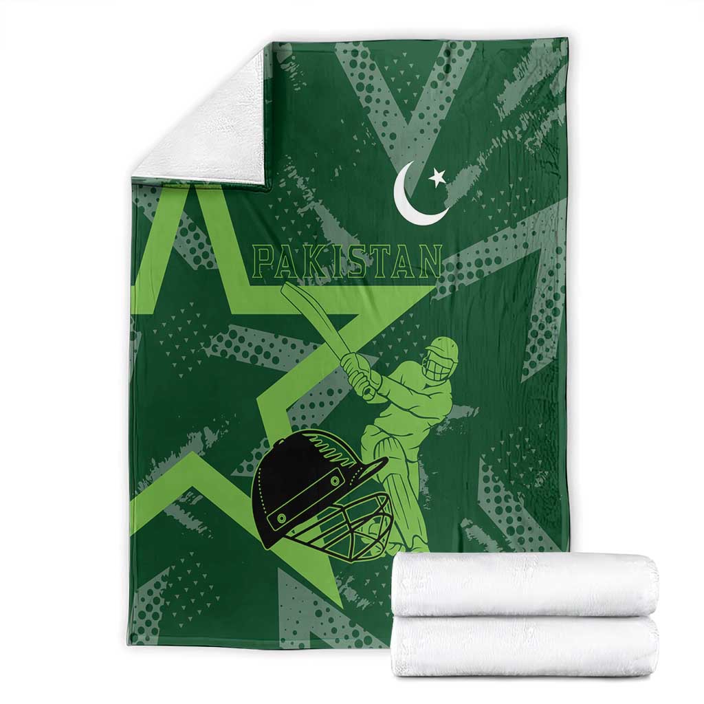 Pakistan Cricket Blanket Sporty Style with Flag Stars & Player Illustration