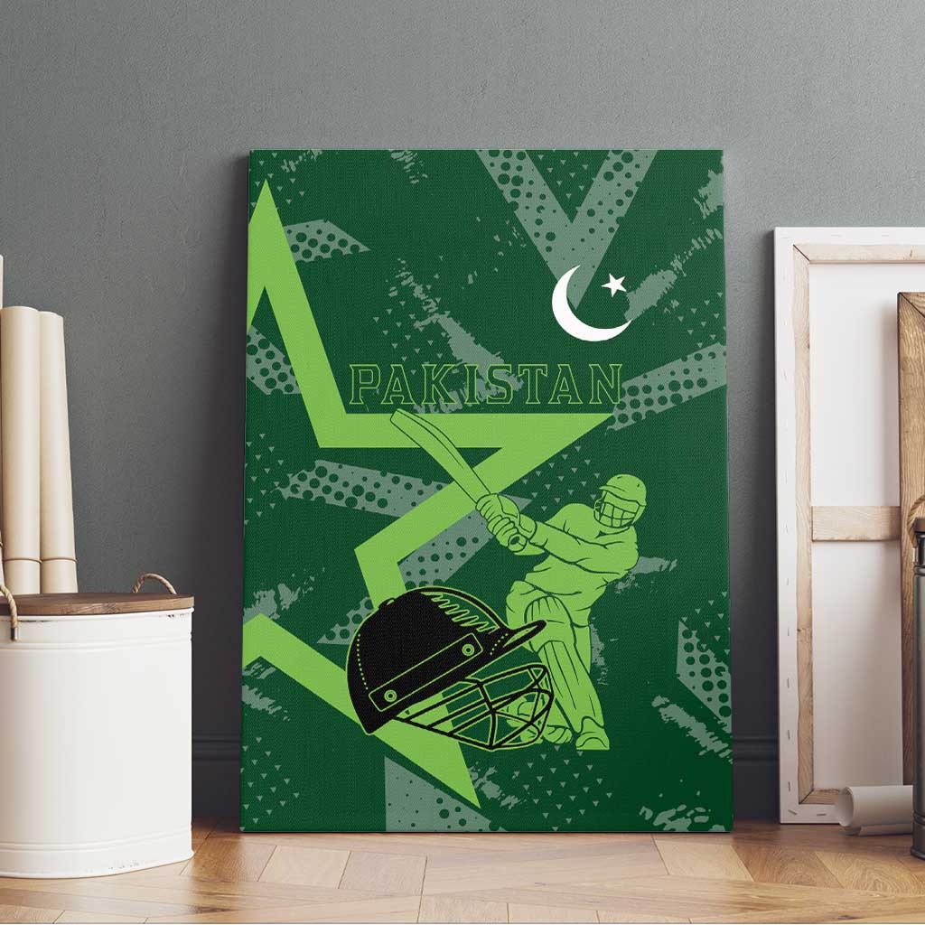 Pakistan Cricket Canvas Wall Art Sporty Style with Flag Stars & Player Illustration