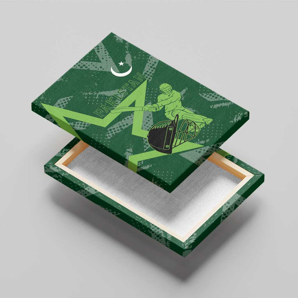 Pakistan Cricket Canvas Wall Art Sporty Style with Flag Stars & Player Illustration