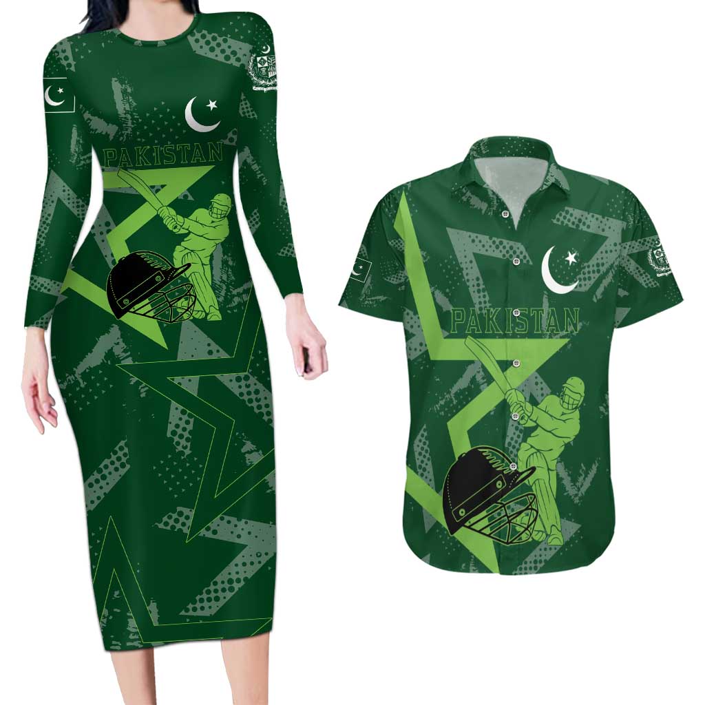 Pakistan Cricket Couples Matching Long Sleeve Bodycon Dress and Hawaiian Shirt Sporty Style with Flag Stars & Player Illustration