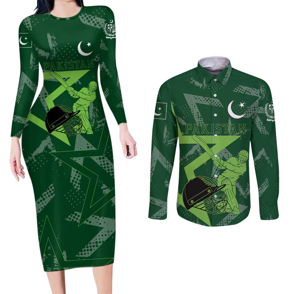 Pakistan Cricket Couples Matching Long Sleeve Bodycon Dress and Long Sleeve Button Shirt Sporty Style with Flag Stars & Player Illustration