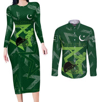 Pakistan Cricket Couples Matching Long Sleeve Bodycon Dress and Long Sleeve Button Shirt Sporty Style with Flag Stars & Player Illustration