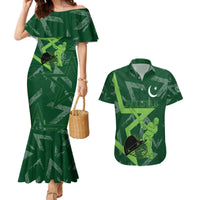 Pakistan Cricket Couples Matching Mermaid Dress and Hawaiian Shirt Sporty Style with Flag Stars & Player Illustration