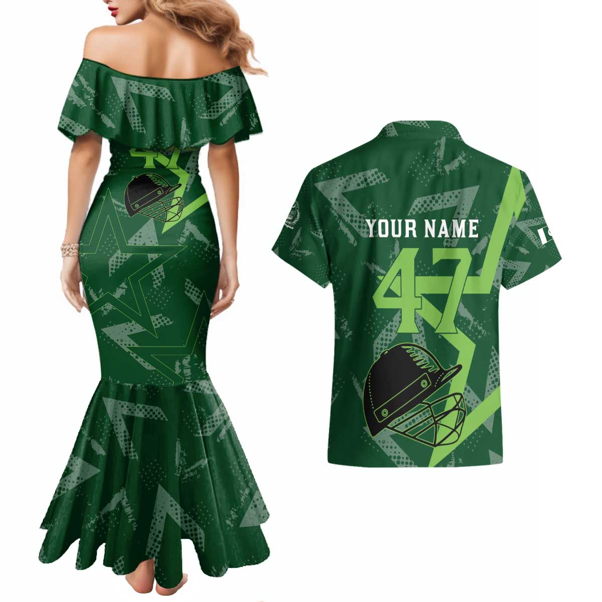 Pakistan Cricket Couples Matching Mermaid Dress and Hawaiian Shirt Sporty Style with Flag Stars & Player Illustration