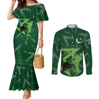 Pakistan Cricket Couples Matching Mermaid Dress and Long Sleeve Button Shirt Sporty Style with Flag Stars & Player Illustration