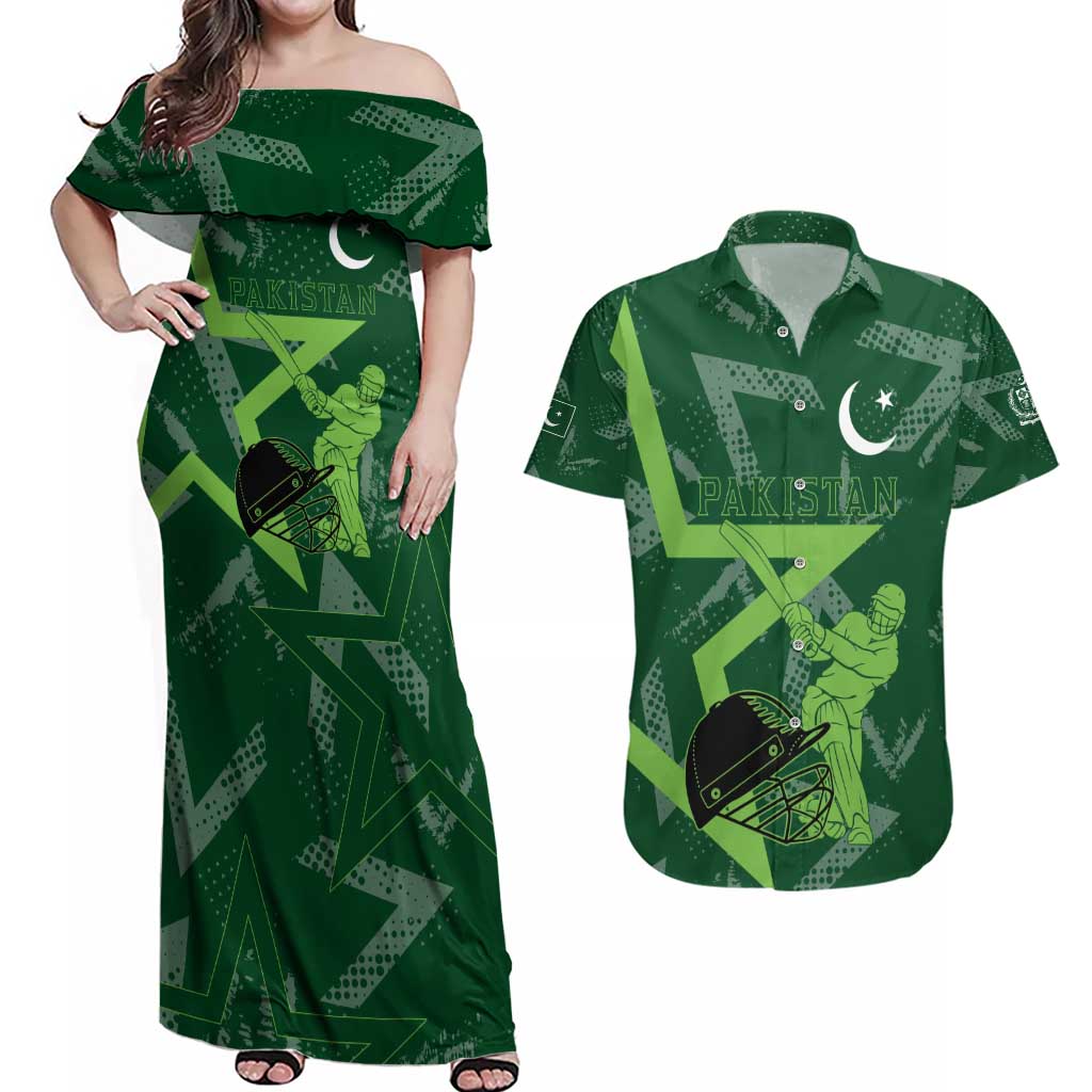 Pakistan Cricket Couples Matching Off Shoulder Maxi Dress and Hawaiian Shirt Sporty Style with Flag Stars & Player Illustration