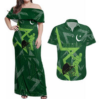 Pakistan Cricket Couples Matching Off Shoulder Maxi Dress and Hawaiian Shirt Sporty Style with Flag Stars & Player Illustration