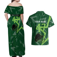 Pakistan Cricket Couples Matching Off Shoulder Maxi Dress and Hawaiian Shirt Sporty Style with Flag Stars & Player Illustration