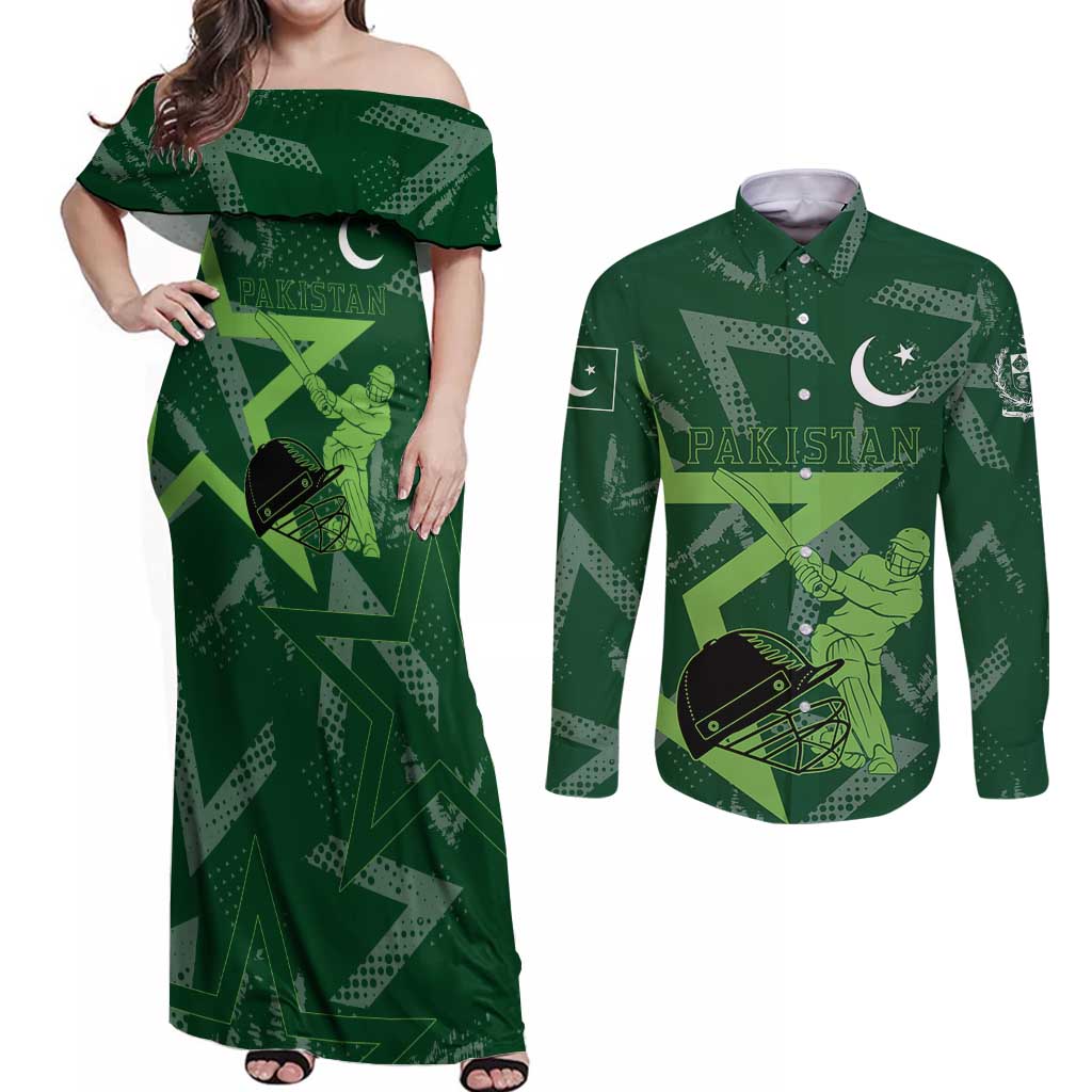 Pakistan Cricket Couples Matching Off Shoulder Maxi Dress and Long Sleeve Button Shirt Sporty Style with Flag Stars & Player Illustration