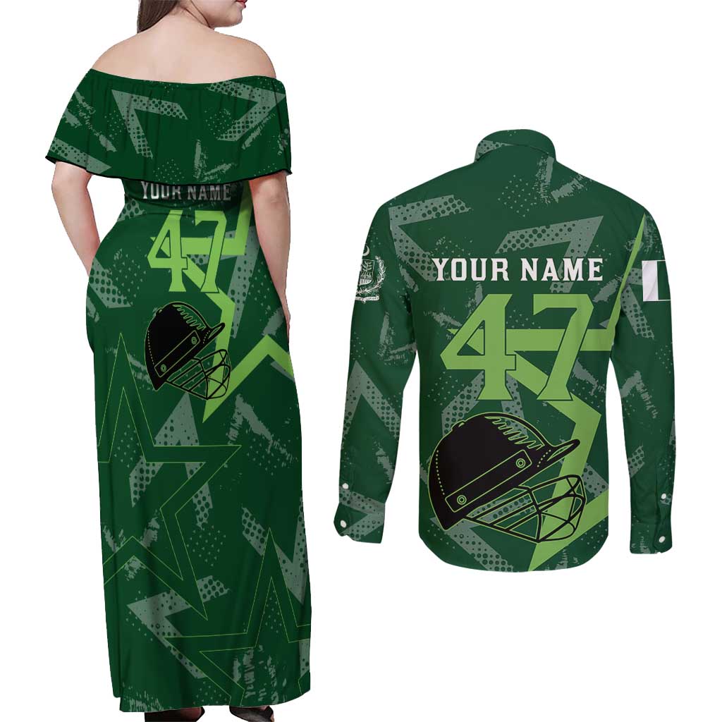 Pakistan Cricket Couples Matching Off Shoulder Maxi Dress and Long Sleeve Button Shirt Sporty Style with Flag Stars & Player Illustration