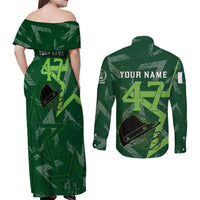 Pakistan Cricket Couples Matching Off Shoulder Maxi Dress and Long Sleeve Button Shirt Sporty Style with Flag Stars & Player Illustration