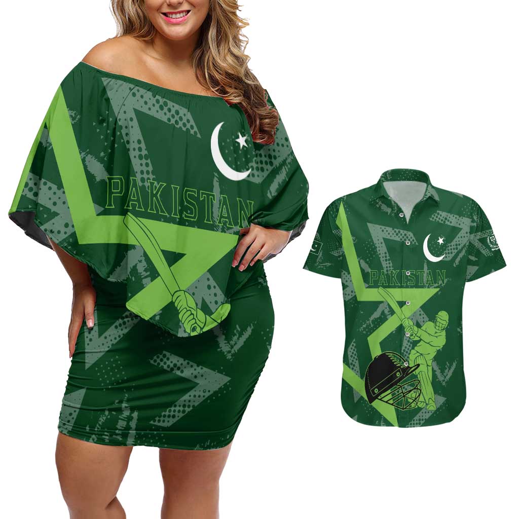 Pakistan Cricket Couples Matching Off Shoulder Short Dress and Hawaiian Shirt Sporty Style with Flag Stars & Player Illustration