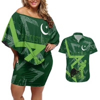 Pakistan Cricket Couples Matching Off Shoulder Short Dress and Hawaiian Shirt Sporty Style with Flag Stars & Player Illustration