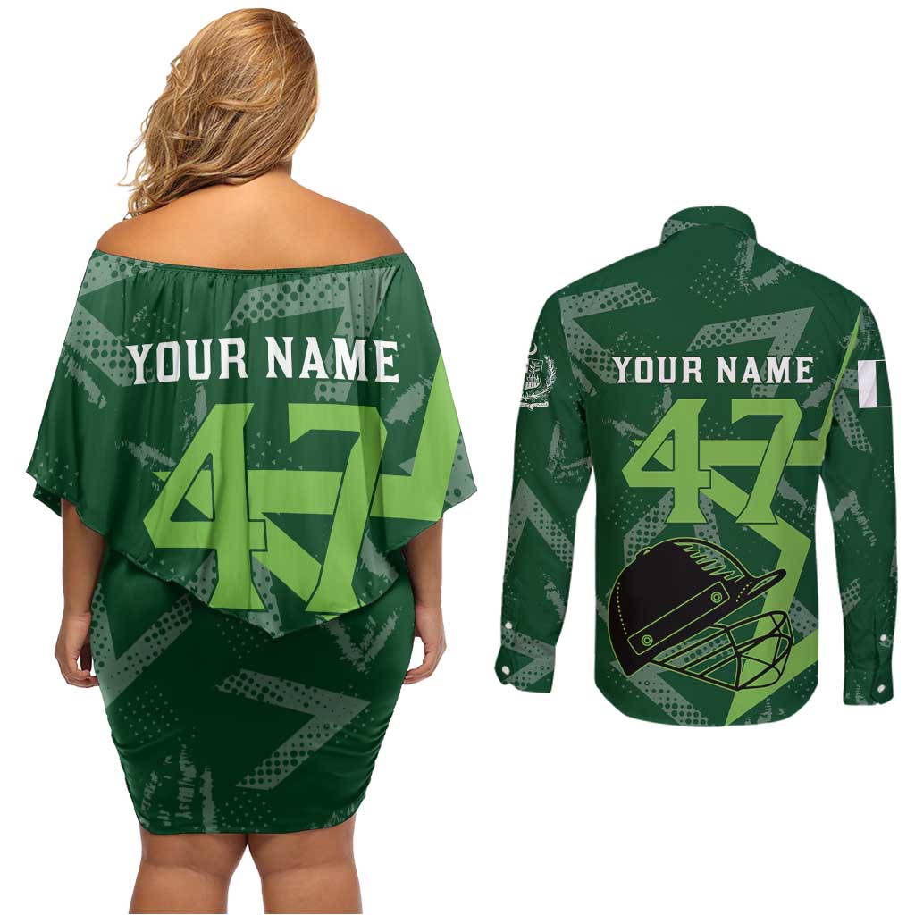 Pakistan Cricket Couples Matching Off Shoulder Short Dress and Long Sleeve Button Shirt Sporty Style with Flag Stars & Player Illustration