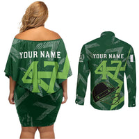 Pakistan Cricket Couples Matching Off Shoulder Short Dress and Long Sleeve Button Shirt Sporty Style with Flag Stars & Player Illustration