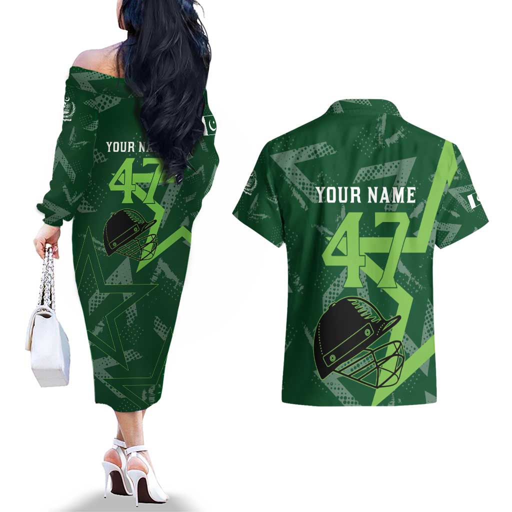 Pakistan Cricket Couples Matching Off The Shoulder Long Sleeve Dress and Hawaiian Shirt Sporty Style with Flag Stars & Player Illustration