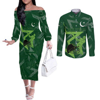 Pakistan Cricket Couples Matching Off The Shoulder Long Sleeve Dress and Long Sleeve Button Shirt Sporty Style with Flag Stars & Player Illustration