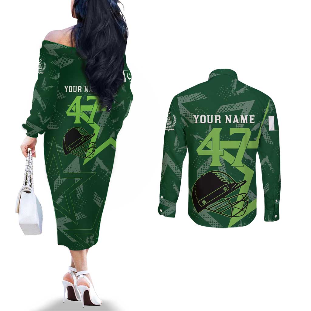 Pakistan Cricket Couples Matching Off The Shoulder Long Sleeve Dress and Long Sleeve Button Shirt Sporty Style with Flag Stars & Player Illustration