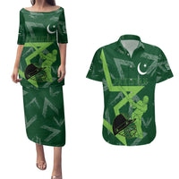 Pakistan Cricket Couples Matching Puletasi and Hawaiian Shirt Sporty Style with Flag Stars & Player Illustration
