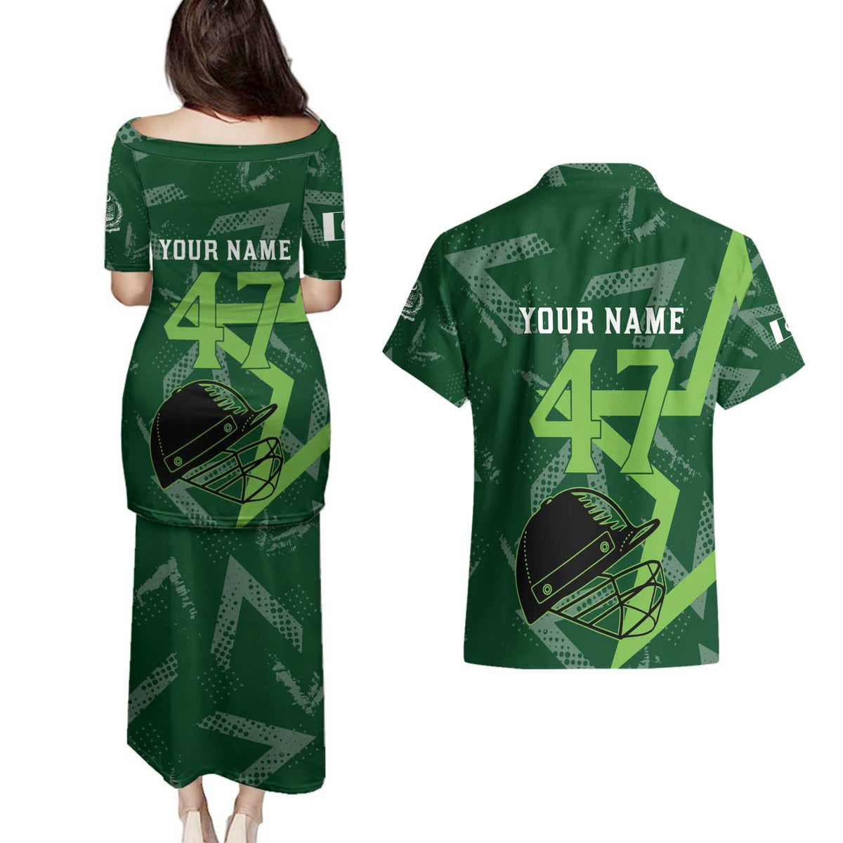 Pakistan Cricket Couples Matching Puletasi and Hawaiian Shirt Sporty Style with Flag Stars & Player Illustration