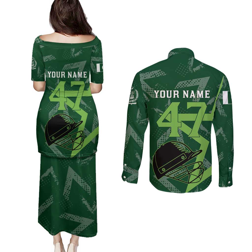 Pakistan Cricket Couples Matching Puletasi and Long Sleeve Button Shirt Sporty Style with Flag Stars & Player Illustration