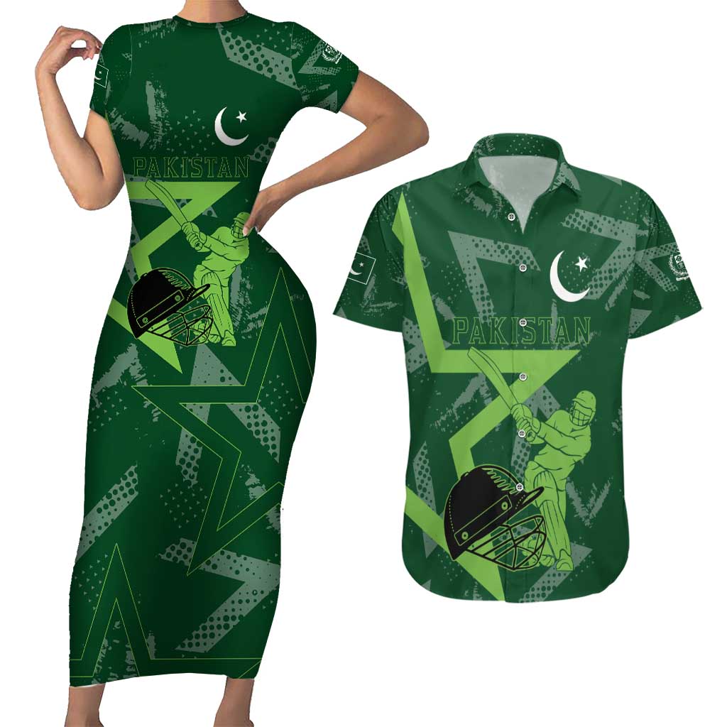 Pakistan Cricket Couples Matching Short Sleeve Bodycon Dress and Hawaiian Shirt Sporty Style with Flag Stars & Player Illustration