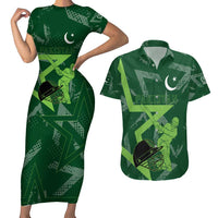 Pakistan Cricket Couples Matching Short Sleeve Bodycon Dress and Hawaiian Shirt Sporty Style with Flag Stars & Player Illustration