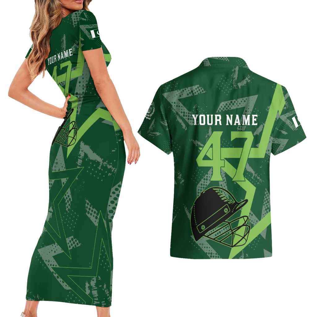 Pakistan Cricket Couples Matching Short Sleeve Bodycon Dress and Hawaiian Shirt Sporty Style with Flag Stars & Player Illustration
