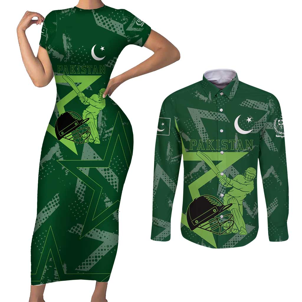 Pakistan Cricket Couples Matching Short Sleeve Bodycon Dress and Long Sleeve Button Shirt Sporty Style with Flag Stars & Player Illustration