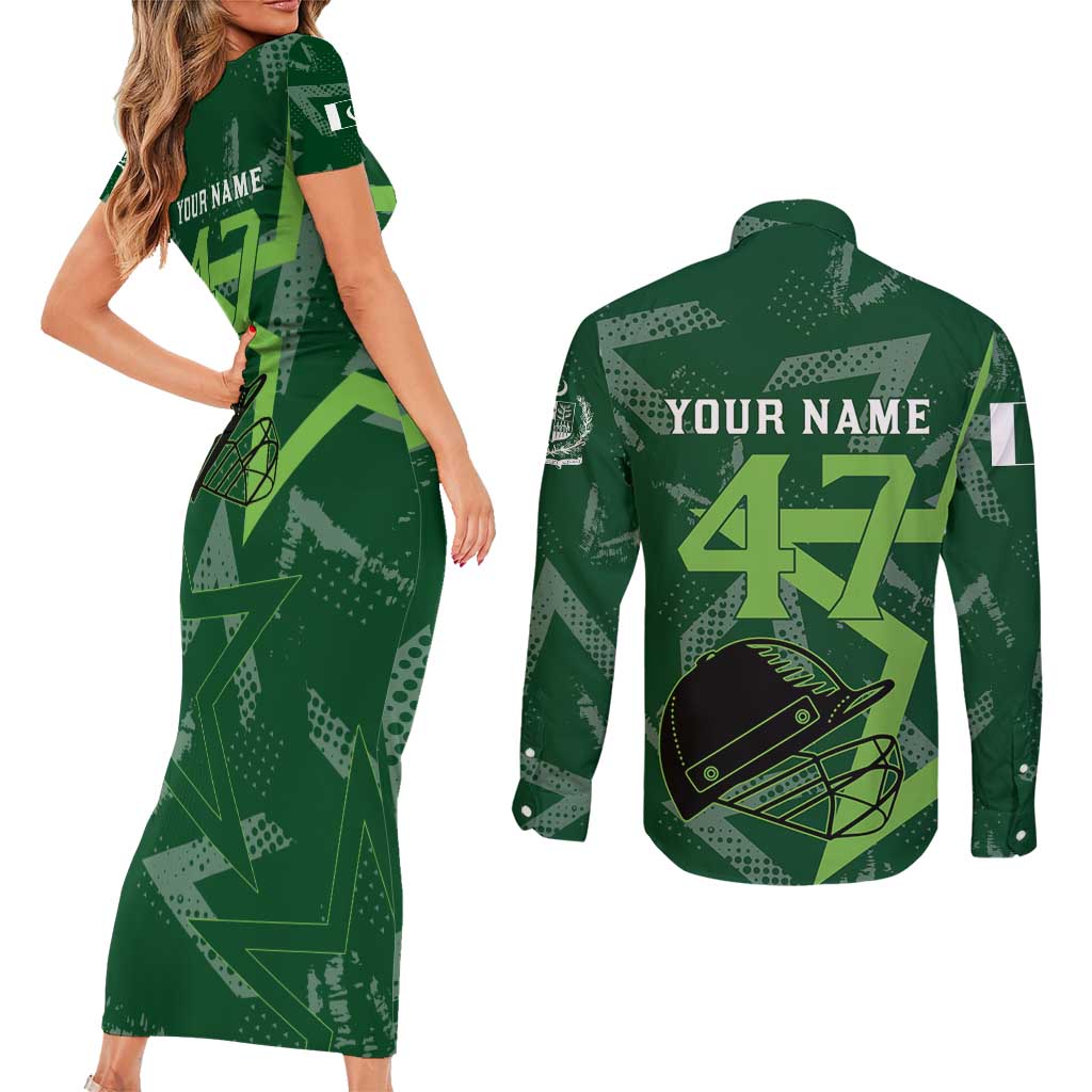 Pakistan Cricket Couples Matching Short Sleeve Bodycon Dress and Long Sleeve Button Shirt Sporty Style with Flag Stars & Player Illustration