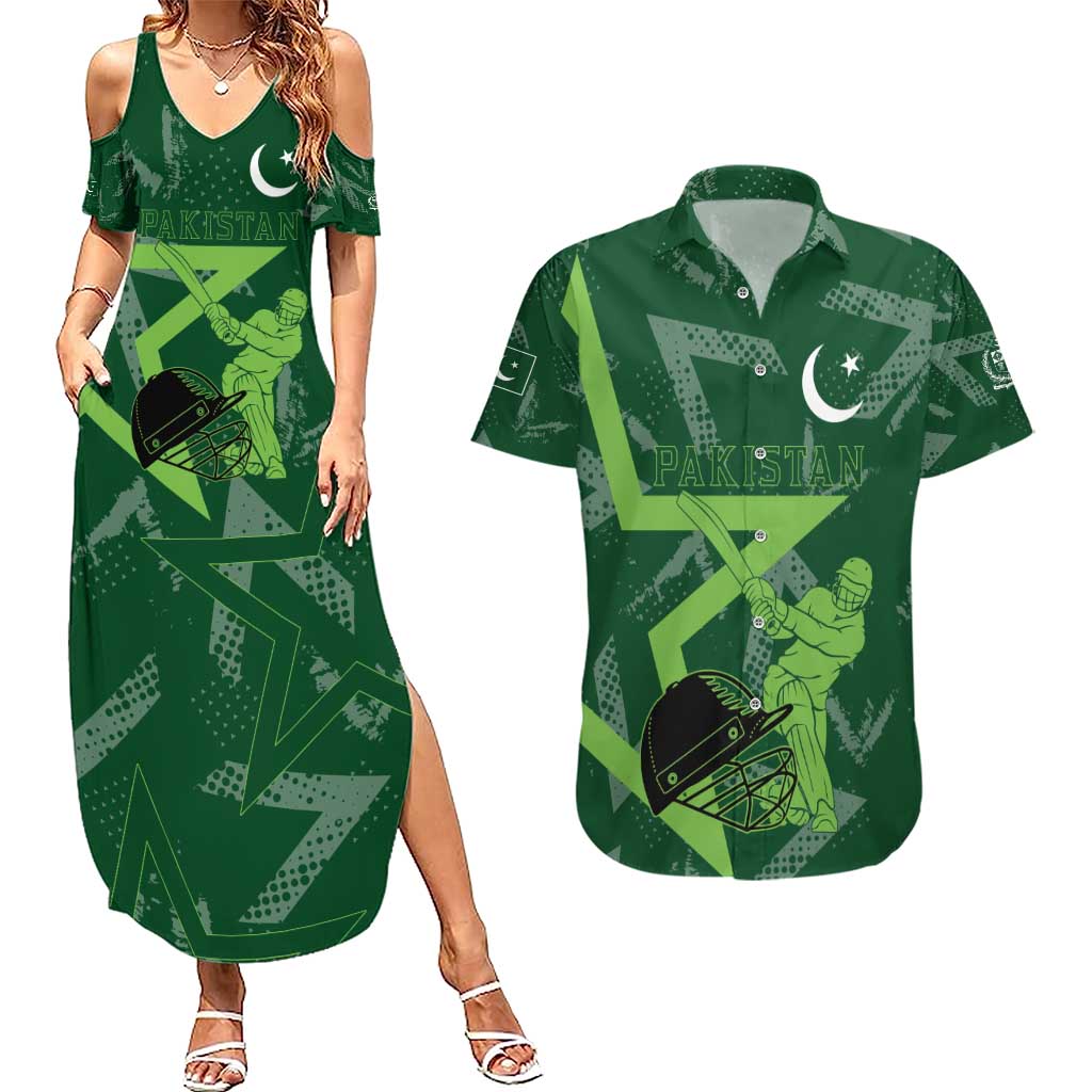 Pakistan Cricket Couples Matching Summer Maxi Dress and Hawaiian Shirt Sporty Style with Flag Stars & Player Illustration