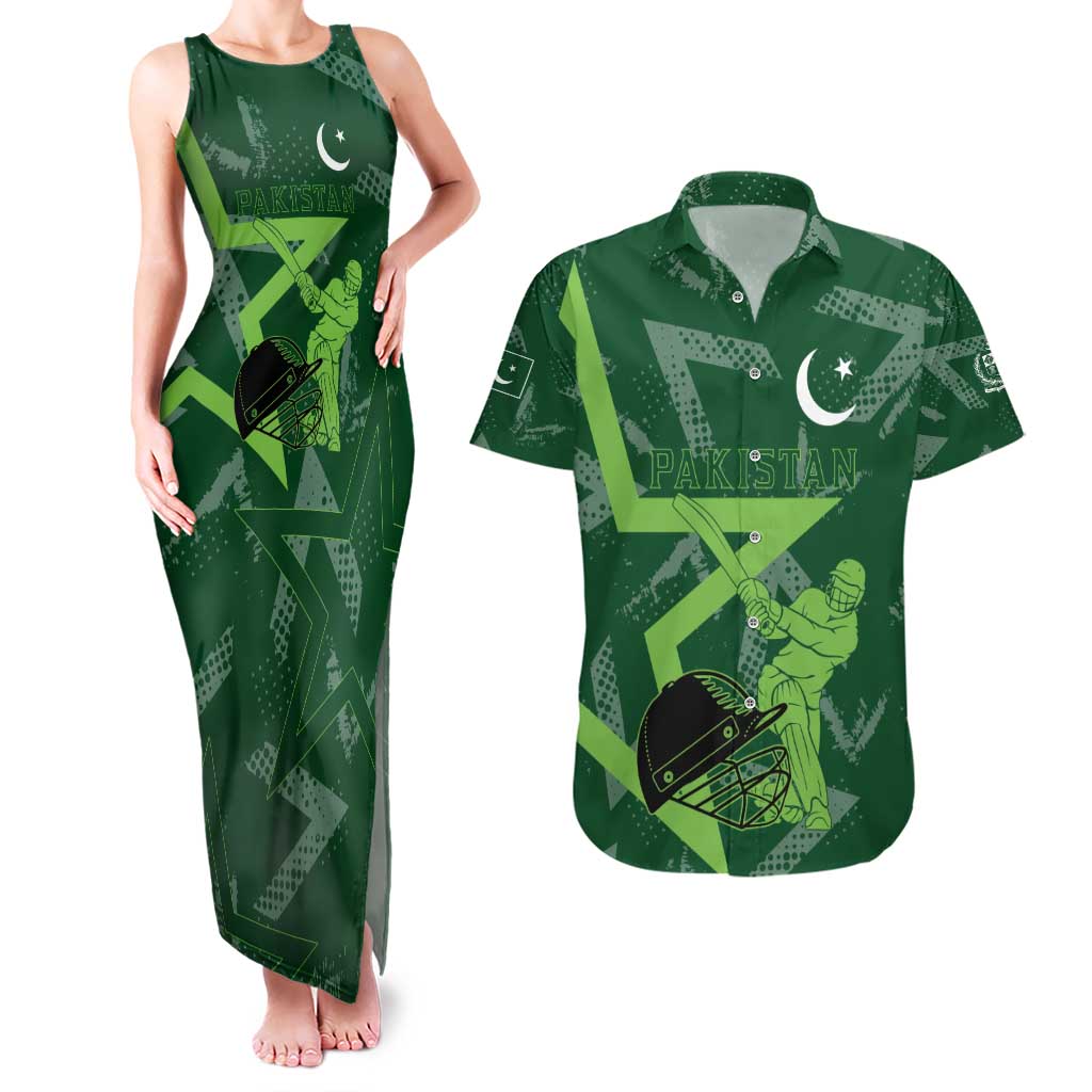 Pakistan Cricket Couples Matching Tank Maxi Dress and Hawaiian Shirt Sporty Style with Flag Stars & Player Illustration