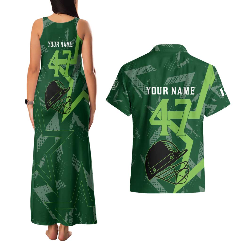 Pakistan Cricket Couples Matching Tank Maxi Dress and Hawaiian Shirt Sporty Style with Flag Stars & Player Illustration