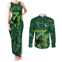 Pakistan Cricket Couples Matching Tank Maxi Dress and Long Sleeve Button Shirt Sporty Style with Flag Stars & Player Illustration
